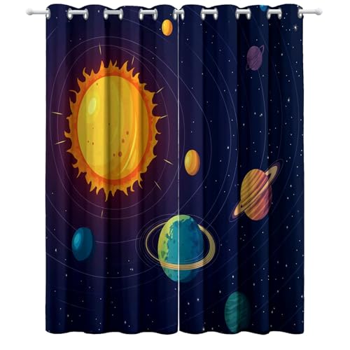 Blau gelb Bedruckte Vorhänge Cartoon Sonnensystem Planeten verdunkelnde Vorhänge H166 x B75 cm (2er Pack) Verdunkelnde Vorhänge für Wohnzimmer Kinderzimmer Schlafzimmer von Generic