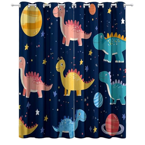 Blau gelb Vorhang, Dinosaurier im Weltraum Cartoon Gardinen mit Ösen Verdunkelungsvorhang, Wohnzimmer Schlafzimmer Kinderzimmer Blickdichte vorhänge, H183 x B117 cm (2er Pack) von Generic