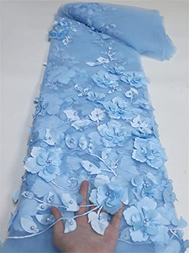 Blauer 3D-Blumen-Spitzenstoff mit Perlen, französischer schwerer Perlen-Tüll, afrikanischer Stoff für Hochzeit, Party, Kleid, Nähen, Bild, 1 91 cm von Generic