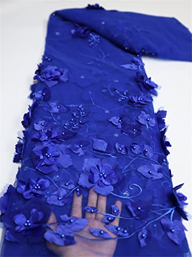 Blauer 3D-Blumen-Spitzenstoff mit Perlen, französischer schwerer Tüll, afrikanischer Stoff für Hochzeit, Party, Kleid, Nähen, Bild, 7 m, 91 cm von Generic