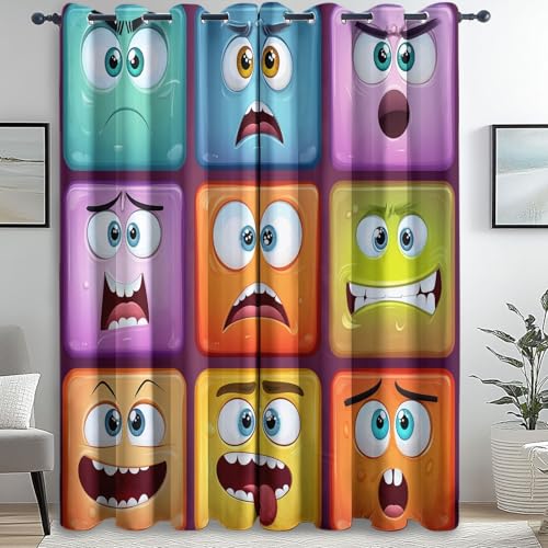 Blickdichte Vorhänge Cartoon Ausdruck Quadrat Orange Blau H183 X B117 cm (2Er Pack), Superweich Vorhang Blickdicht Für Deko Wohnzimmer Schlafzimmer Gardinen Mit Ösen, Thermovorhang Verdunkelung von Generic