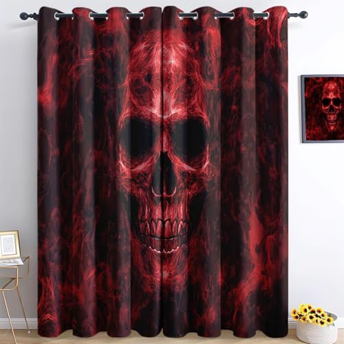 Blickdichte Vorhänge Gotischer Stil Von Flammen Umgebener Totenkopf Rot Schwarz, Schiebevorhänge Mit Ösen Wärmeisolierend, Verdunkelung Vorhänge Für Schlafzimmer Wohnzimmer H166 x B75 cm (2er Pack) von Generic