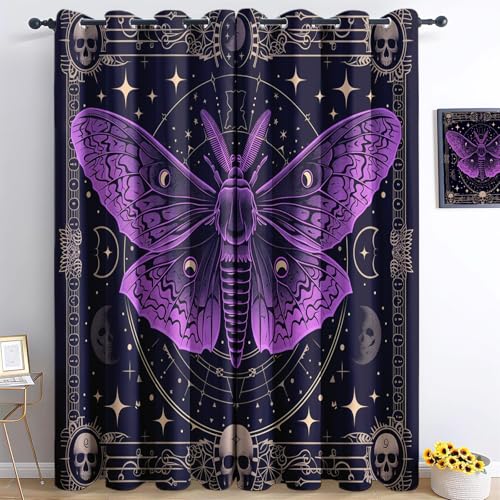 Blickdichte Vorhänge H183 x B117 cm (2er Pack) Gothic Schmetterling Totenkopf Schwarz Lila, Vorhänge mit Ösen Thermo Vorhänge, Printing Verdunkelungsvorhänge für Schlafzimmer Wohnzimmer von Generic