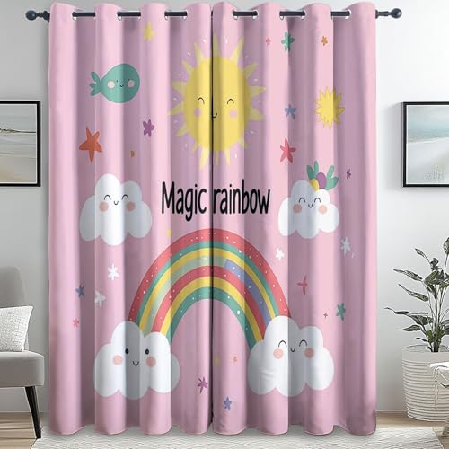 Blickdichte Vorhänge Linien Cartoon Sonne Rosa Gelb H183 X B117 cm (2Er Pack), Polyester Ösen Vorhänge Kälteschutz Thermovorhang, Verdunkelungsvorhänge Für Wohnzimmer Schlafzimmer Und Büro von Generic