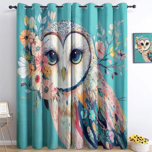 Blickdichte Vorhänge Tiere Eule Hält Eine Blume Bunt H166 x B75 cm (2er Pack), Vorhänge Mit Ösen Thermovorhang Kälteschutz, Bedruckt Muster Blickdicht Gardine Für Schlafzimmer Wohnzimmer Deko von Generic