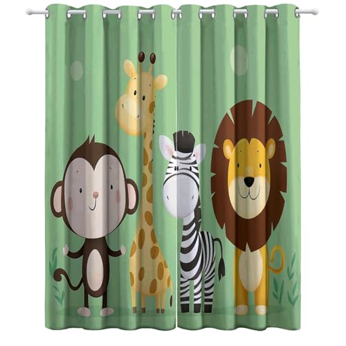 Blickdichte Vorhänge für Wohnzimmer Grün Gardinen Ösen Verdunkelungsvorhänge Cartoon-AFFE Giraffe Löwe Ösenvorhang Thermovorhang für Schlafzimmer H183 x B117 cm (2er Pack) von Generic