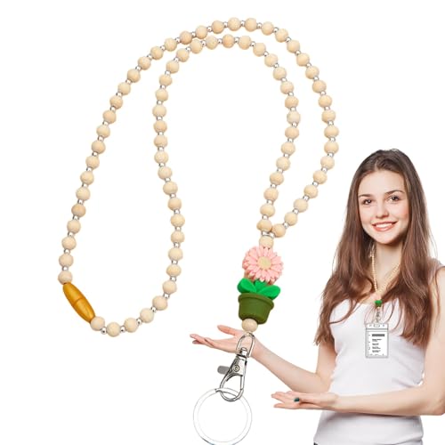 Blumen-Lehrer-Lanyard, Perlen-Lehrer-Lanyard, Holzperlen-Blumen-Lanyard für Schlüssel, Niedliche, modische Schlüsselbänder im Boho-Stil mit Blumen und Holzperlen für Frauen, Studentenausweise von Generic