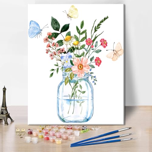 Blumen Ölmalerei nach Zahlen für Erwachsene Vase DIY Malen nach Zahlen für Anfänger Kinder Blumen Schmetterling Einfache Leinwand für Malerei Acryl Pigment Kunsthandwerk für Home Office 16 "x20 von Generic