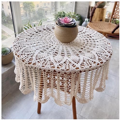 Boho Gehäkelte Tischdecke für Runden Esstisch, Tischwäsche aus Baumwollspitze, Tischläufer für Küchendeko(Beige,120cm/47inch) von Generic