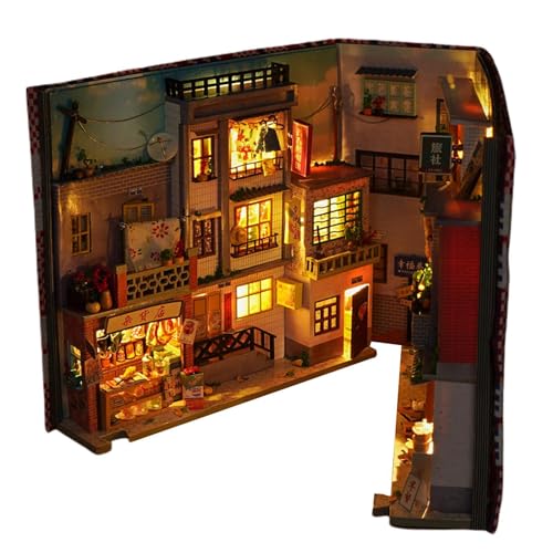 Book Nook Regaleinsatz, 3D Gemütliche Buchecke mit Klarer Staubabdeckung, LED Holz Buchecke Bausatz Modellbau Kit Kreatives Geschenk Bewässerung von Generic