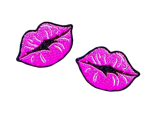 Bru_289 Set mit 2 kleinen kleinen rosa Lippen, Lippenstift, sexy Mädchen, Dame, Kuss, niedliches Cartoon-Logo, 2 Flicken zum Aufnähen oder Aufbügeln, bestickte Applikation, Abzeichen, Schild, Patch, von Generic