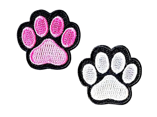 Bru_289 Set mit 2 winzigen Mini-Aufnäher in Rosa und Weiß, niedlich, Hund, Katze, Pfote, Tier-Fußabdruck, Symbol, Abzeichen, Cartoon-Aufnäher, zum Aufnähen oder Aufbügeln, bestickt, für Kleidung, von Generic