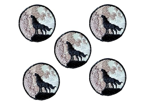 Bru_289 Set von 5 winzigen Mini einsamen Wolf Vollmond heulend niedliches Cartoon-Logo 1 Aufnäher zum Aufnähen oder Aufbügeln bestickt Abzeichen Schild Patch Kleidung Kostüm von Generic