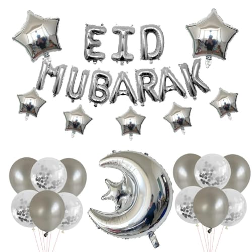 Buchstaben Folienballon 1Set Eid Mubarak Folienballons Ramadan Kareem Dekorationen Sterne Mond Helium Ballon -30pcs silver-as picture von Generic