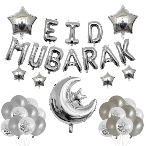 Buchstaben Folienballon 1Set Eid Mubarak Folienballons Ramadan Kareem Dekorationen Sterne Mond Helium Ballon -37pcs silver-as picture von Generic