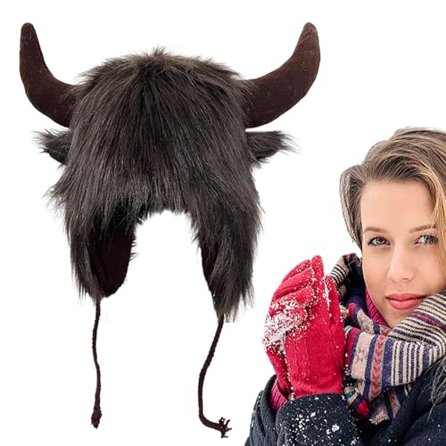 Büffelmütze – Stierhornmütze, warmer Plüsch-Winter | Outdoor-Ohrenschützer, Tierhüte mit Hörnern, pelzige Halloween-Ohrenkopfbedeckung für Abenteuer, Weihnachten, Tier-Cosplay (26,38 Zoll) (Schwarz, K von Generic