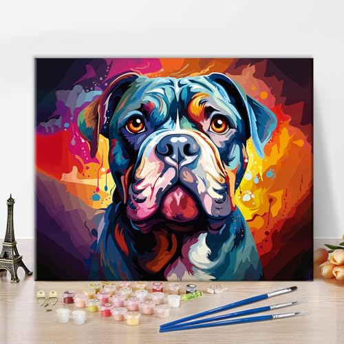 Bunte Hund DIY Malen nach Zahlen Tier Malen nach Zahlen für Erwachsene Haustier Malen nach Zahlen Kinder auf Leinwand Abstrakt Malen nach Zahlen für Anfänger Ölmalerei Kits Geschenk für Kinder16"x20" von Generic