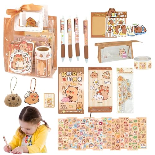 Capybara Statireny Set, Capybara Stationery, Capybara Plüsch Stattemon Set - Anhänger -Rucksack, Tieraufkleber, Schreibtisch Adorno, Lernzubehör von Schülern für und Mädchen von Generic