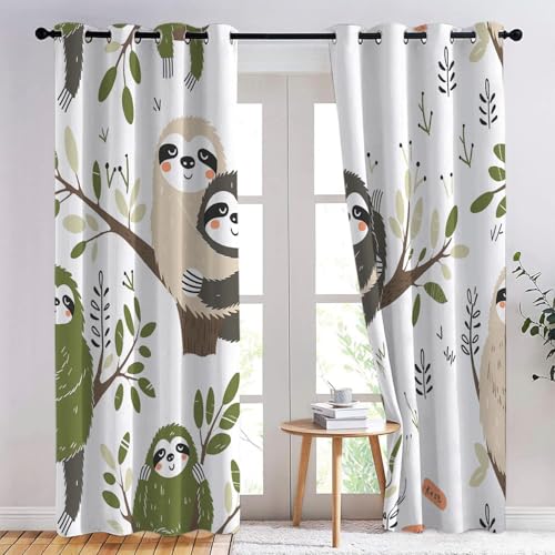 Cartoon-Faultier Auf Einem Baum Blickdichte Vorhänge H166 x B75 cm (2er Pack) Bunt, Vorhang mit Ösen Polyester Gardinen Thermovorhang für Wohnzimmer Schlafzimmer von Generic