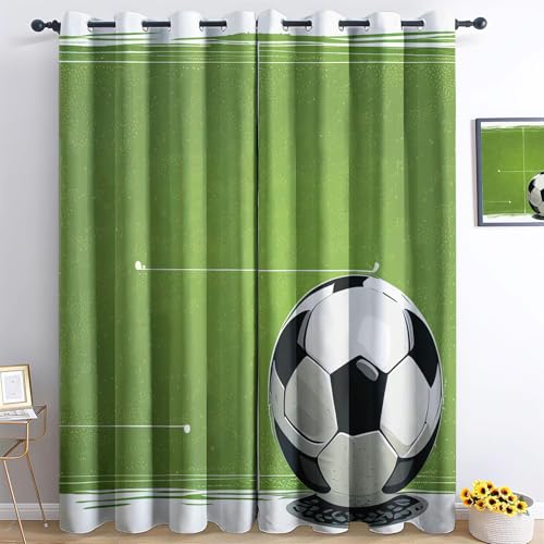 Cartoon-Fußball Blickdichte Gardinen Verdunkelungsvorhang Grün Lichtundurchlässige Vorhang mit Ösen für Schlafzimmer, Geräuschreduzierung H215 x B110 cm (2er Pack) von Generic