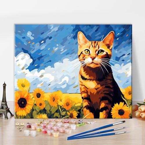 DIY Malen nach Zahlen Erwachsene Anfänger Katze und Sonnenblumen Erwachsene Malen nach Zahlen Kits auf Leinwand mit Pinseln Acrylmalerei Kunsthandwerk 40 x 50 cm(rahmenlos) von Generic