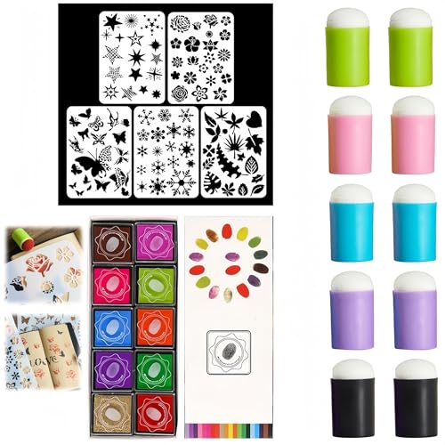 DIY Sponge Finger Painting Set, Sponge Finger Painting Daubers Kit with Stencils, Decorated DIY Sponge Finger Painting Set, Finger Daubers Kit with 20 Colors Inkpad and 5 Pcs Stencils von Generic