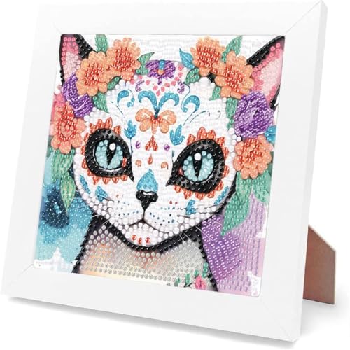 Diamond Painting Kinder mit Holzrahmen Set-5D DIY Cartoon Diamond Painting Set für Kinder und Mädchen, Erwachsene-Diamant Bilder Arts Craft für Home Wand Decor 15x15cm（Katze） von Generic