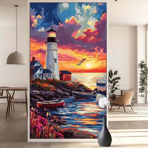 Diamond Painting Leuchtturm Diamant Painting Bilder Sonnenuntergang, Diamond Painting Groß XXL 90x200 cm, Diamant Painting Bilder Erwachsene DIY Bastelset Mädchen, Diamond Painting für Wand Dekor q642 von Generic