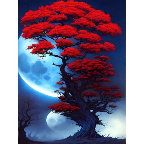 Diamond Painting für Erwachsene, 5D Mond und rote Baum Diamant Painting Kits Bilder, DIY Landschaft Diamant Malerei Diamond Painting Bilder Set 30x40cm für Wanddekor von Generic