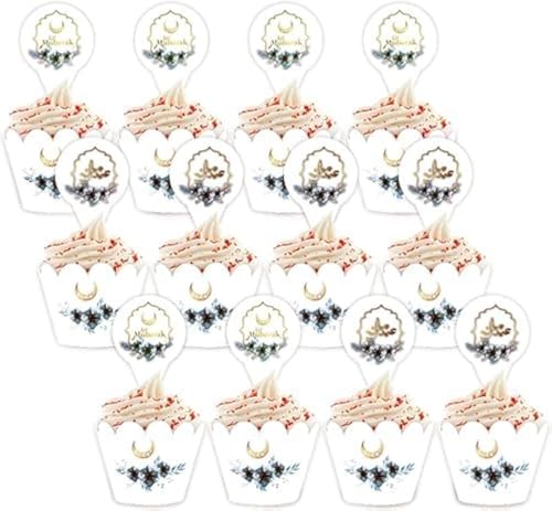 Eid Mubarak Cupcake Topper 12 Stück Ramadan Cupcake Topper Mubarak Eid Dekorationen Kuchenaufsatz für muslimische Festival-Partyzubehör von Generic