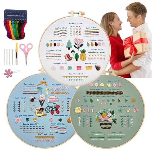 Einfache Sticksets für Anfänger,Stickset | 3 Sets kreative Handstickerei | Stickset für zu Hause, Schritt-für-Schritt-Anleitung, Nähset für Erwachsene für Bastelliebhaber von Generic