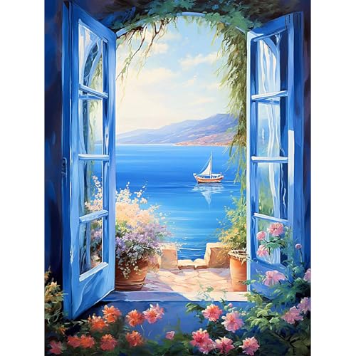 Fenster und Blumen Diamond Painting für Erwachsene, 5D Meer Diamant Painting Kits Bilder, DIY Landschaft Diamant Malerei Diamond Painting Bilder Set 30x40cm für Wanddekor von Generic