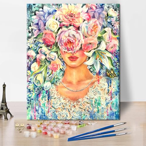 Frau mit Diamant-Halskette-Malen nach Zahlen für Erwachsene Blumen-Ölgemälde für Kinder Malen nach Zahlen Aquarellmalerei Mädchen mit Blumen DIY-Acryl-Malerei Elegant Entspannend 16 "x20 von Generic