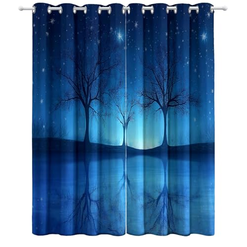 Gardinen Küchenvorhänge H166 x B75 cm (2er Pack) Blickdichte Gardinen Blau Verdunklungsvorhänge Sternennacht DREI bäume spiegeln Kinderzimmer Thermovorhang gegen Kälte von Generic