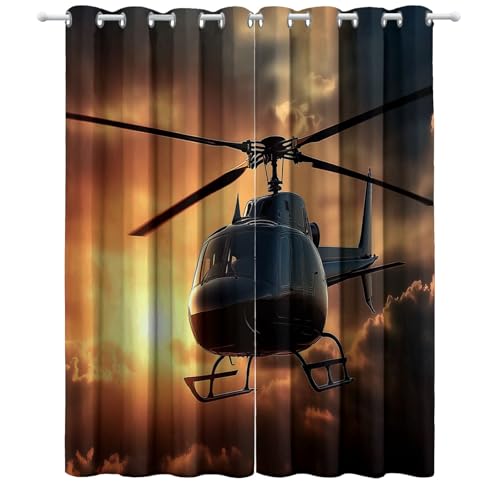 Gelb Bedruckte Vorhänge Hubschrauber fliegt über Wolken verdunkelnde Vorhänge H183 x B117 cm (2er Pack) Verdunkelnde Vorhänge für Wohnzimmer Kinderzimmer Schlafzimmer von Generic