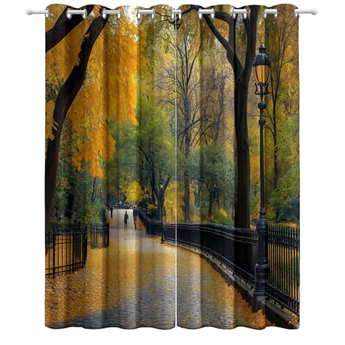 Gelb grün Bedruckte Vorhänge New York Herbst auf dem gehweg verdunkelnde Vorhänge H183 x B117 cm (2er Pack) Verdunkelnde Vorhänge für Wohnzimmer Kinderzimmer Schlafzimmer von Generic