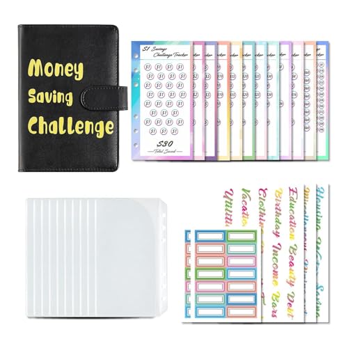 Geld sparen Binder Buch Herausforderung Geld sparen - 100 Stück Challenge Binder Einlagen | PU Leder 6 Ordner für Kinder, Erwachsene, Frauen, u von Generic