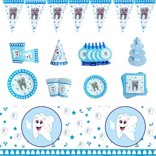 Generic 130 Stück Baby First Tooth Theme Party Einwegparty Blau Pappteller Becher Teller Junge Mädchen gezahnt Partygeschirr Supplies Erster Zahn Party Dekorationen für Jungen Atamhatik, ein Set, von Generic