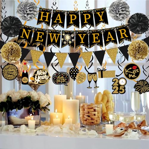 Generic 2025 Happy New Year Banner Hängende Wirbel Papier Pom Poms 2025 Silvester Party Dekorationen für Home Office Decke von Generic