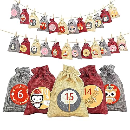 Generic 24 Weihnachts-Countdown-Tüten, Adventskalender, 3 Farben, Jutebeutel mit 2 Bögen 1–24 Zahlen, Aufkleber, wiederverwendbare Stoff-Geschenktüten zum Befüllen für DIY-Weihnachtsdekorationen (12 x von Generic