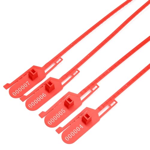 Generic GM-SL-01F-R-100 Stück Kunststoff-Sicherheitssiegel, nummerierte Etiketten, einziehbar, selbstschließend, zum Abreißen, 210 mm Länge, Rot, 100 Stück von Generic