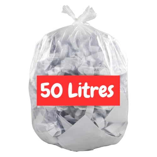 Generic Müllbeutel, transparent, 50 l | 100 Müllbeutel 50 Liter (2 Rollen mit je 50 Beutel) | robust und wasserdicht (14 µ) | Mülleimer Büro – Badezimmer – Küche | Verschluss zum Binden | recyclebar von Generic