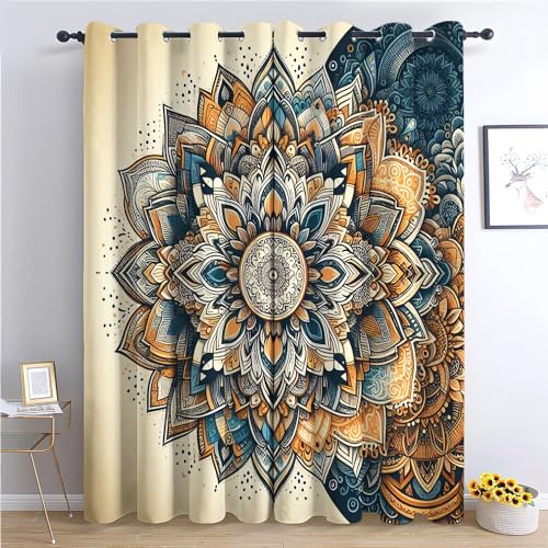 Generic Senfgelb Vorhänge für Wohnzimmer Schlafzimmer, Mandala-Blume Muster Vorhang Blickdicht Kälteschutz Hitzeschutz Waschbar, Gardine mit Ösen für Kinderzimmer Deko, 2er Set 140x245 cm (BxH) von Generic