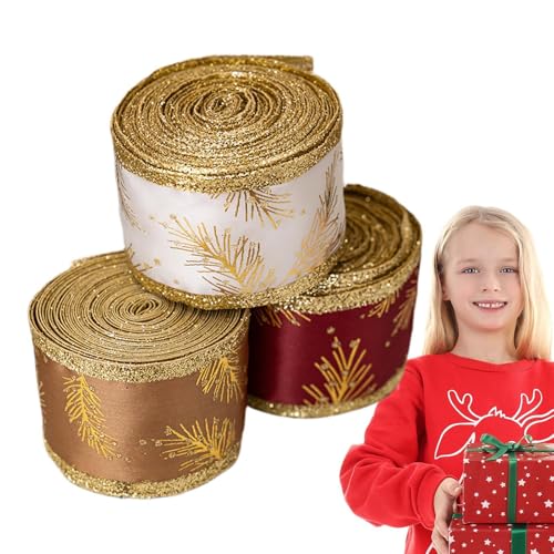 Geschenkband, Weihnachtsband für Baum | Drahtkantenbänder zum Verpacken, dekorative Satinband-Banner, 3 Rollen, glitzerndes Goldmuster-Schleifenzubehör von Generic