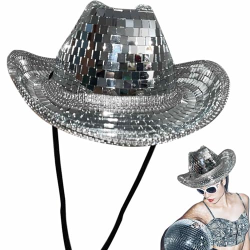 Glitter Cowgirl Hut - Funkelnder Glitzerhut, Silberner Rave Hut | Holographischer Cowboy Puppenhut mit fasziniertem reflektiertem Licht, Sparkly Glitter Space Hat für Junggesellenabschied, 34,5 x von Generic