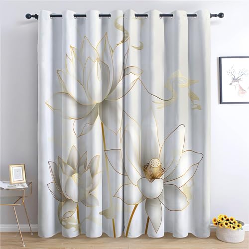 Goldene Linien des Weißen Lotus Blickdichte Gardinen Verdunkelungsvorhang B234 x H230 cm Weiß Lichtundurchlässige Vorhang mit Ösen für Schlafzimmer, Geräuschreduzierung von Generic