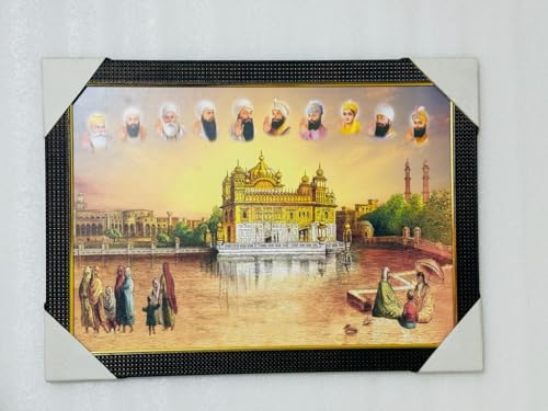 Goldener Tempel || Shri Guru Nanak Dev ji & Shri Guru Gobind Singh JI mit allen Sikh Gurus Sikh Religiöser Holz-Bilderrahmen Idol für Zuhause und Büro, Dekoration, 1 Stück (Größe 76,2 x 76,2 cm) von Generic