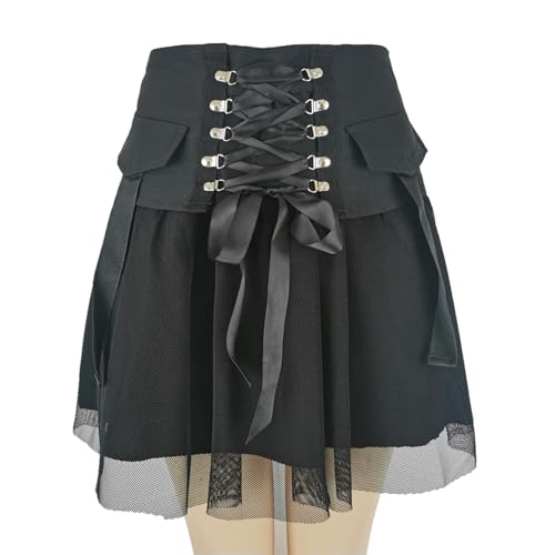 Gothic-Rock im Punk-Stil für Damen im dunklen Trägerdesign, Harajuku-Netzstoff, Sommer-Streetwear, schwarzer Partyrock mit hoher Taille und A-Linie-2701-L von Generic