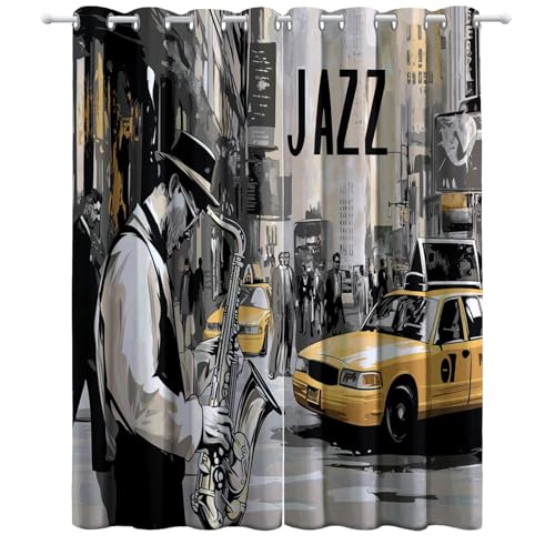 Grau Vorhang, Vektor-Jazzband Gardinen mit Ösen Verdunkelungsvorhang, Wohnzimmer Schlafzimmer Kinderzimmer Blickdichte vorhänge, H214 x B91.5 cm (2er Pack) von Generic