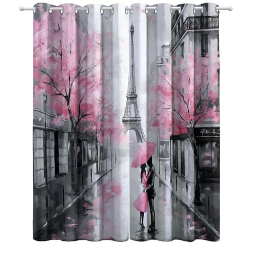 Grau rosa Bedruckte Vorhänge Pariser straße und Eiffelturm verdunkelnde Vorhänge H183 x B117 cm (2er Pack) Verdunkelnde Vorhänge für Wohnzimmer Kinderzimmer Schlafzimmer von Generic